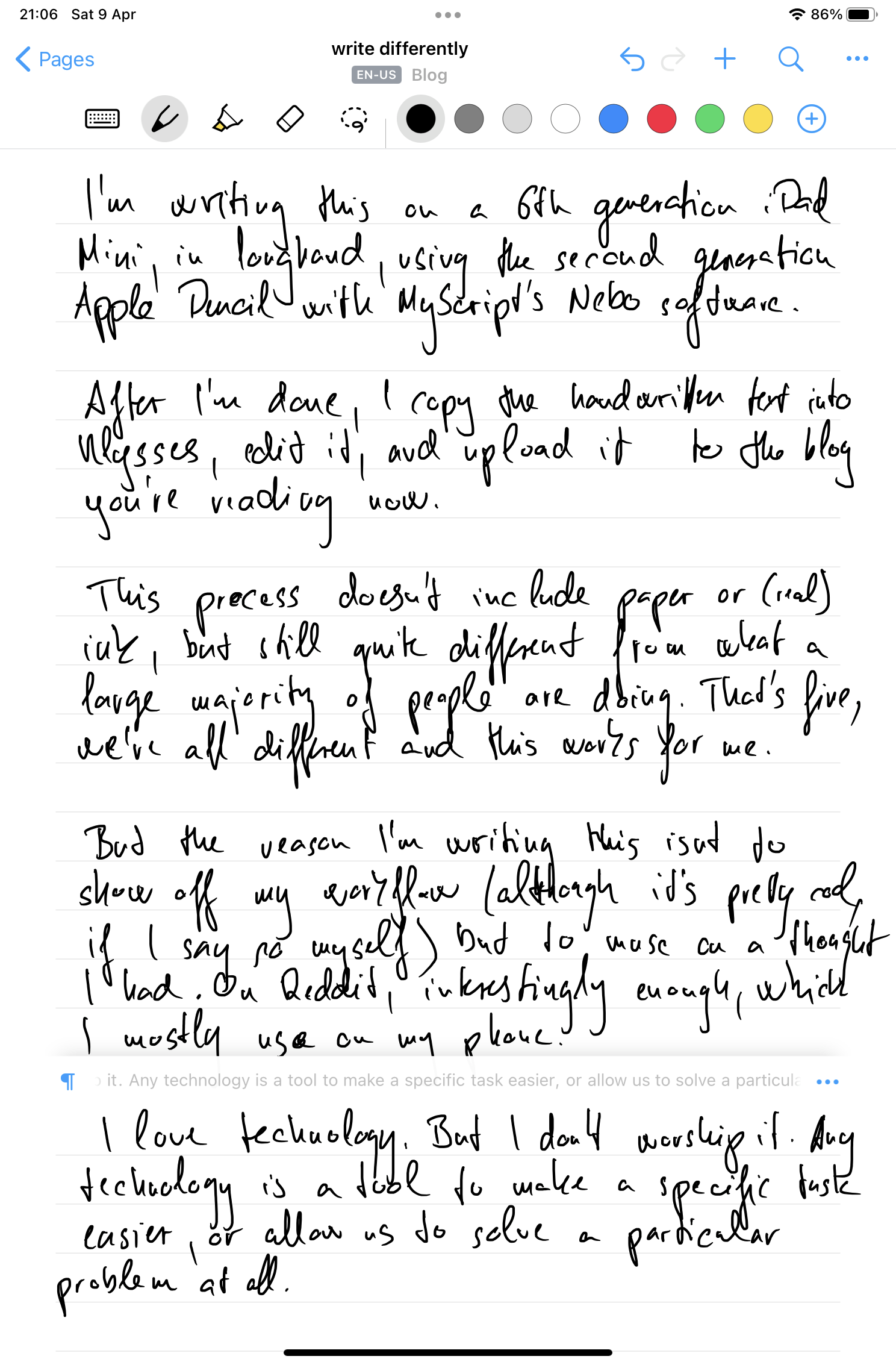 Screenshot of longhand writing using the MyScript Nebo app on an iPad